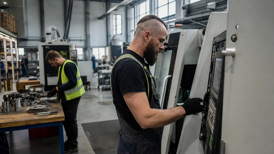 Hala produkcyjna średniej spółki z maszynami i pracownikami