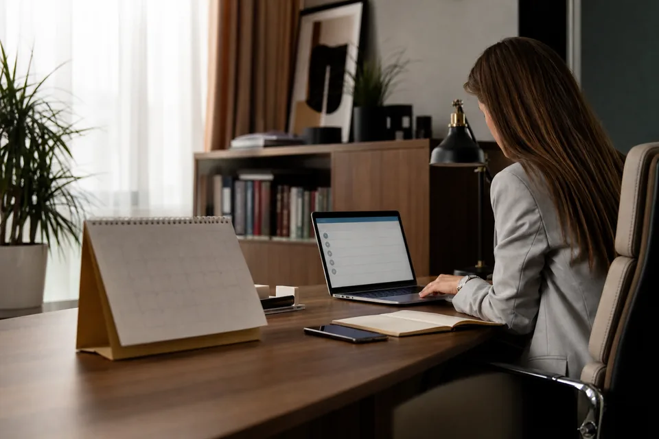 Biurko doradcy z kalendarzem i krótką listą kontaktów na laptopie