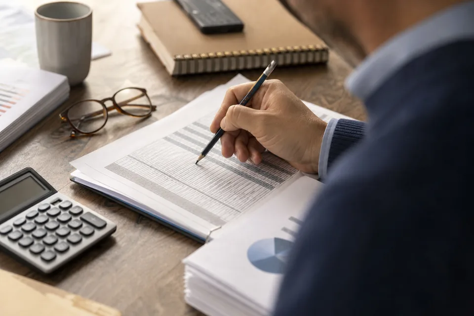 Analityk zaznacza pozycje w wydrukowanym sprawozdaniu finansowym spółki