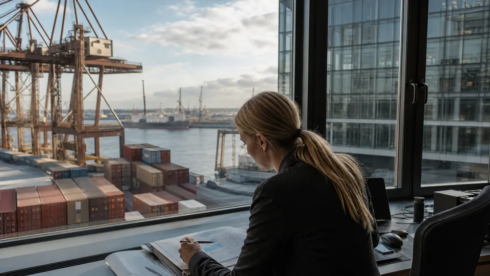 Port morski z dźwigami kontenerowymi i biurowcem